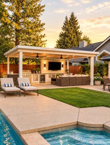 Inviting backyard with a swimming pool, spa, covered outdoor kitchen and lounge area, dining table, landscaped garden, and gray two-story home at sunset.