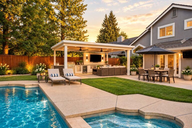 Inviting backyard with a swimming pool, spa, covered outdoor kitchen and lounge area, dining table, landscaped garden, and gray two-story home at sunset.
