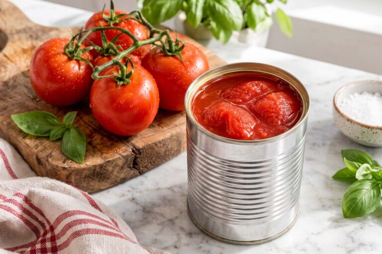 A kitchen scene featuring an open tin can of whole peeled tomatoes on a white marble countertop. Next to it, a rustic wooden cutting board holds a cluster of fresh, wet red tomatoes on the vine. The scene is accented with fresh green basil leaves, a small bowl of coarse salt, and a folded kitchen towel