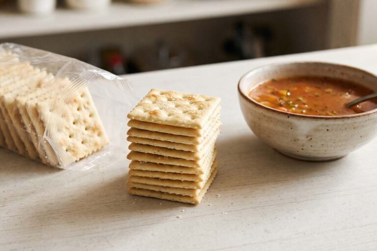 An open sleeve of saltines next to a stack of crackers and a bowl of soup on a kitchen counter