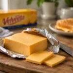 A block of Velveeta cheese partially unwrapped in its foil sits on a wooden cutting board with sliced cheese and a knife, while a softly blurred Velveeta package and grilled cheese sandwich are visible in the background.