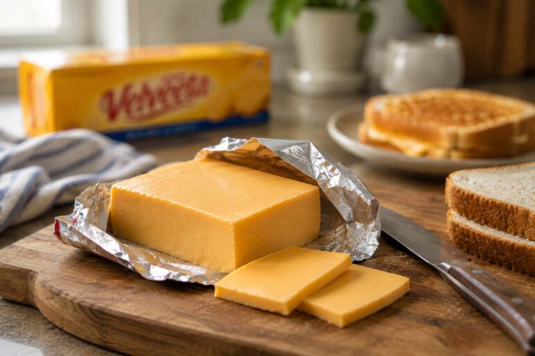 A block of Velveeta cheese partially unwrapped in its foil sits on a wooden cutting board with sliced cheese and a knife, while a softly blurred Velveeta package and grilled cheese sandwich are visible in the background.