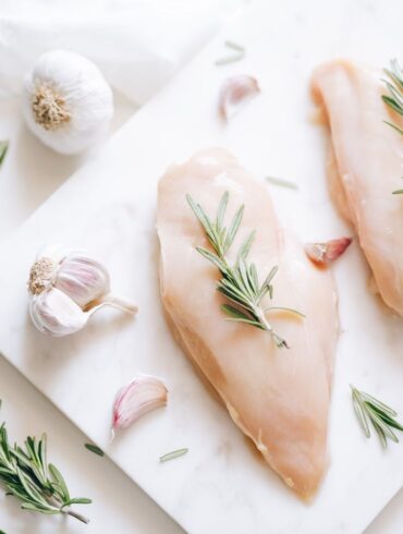Top view of raw chicken breasts with rosemary and garlic
